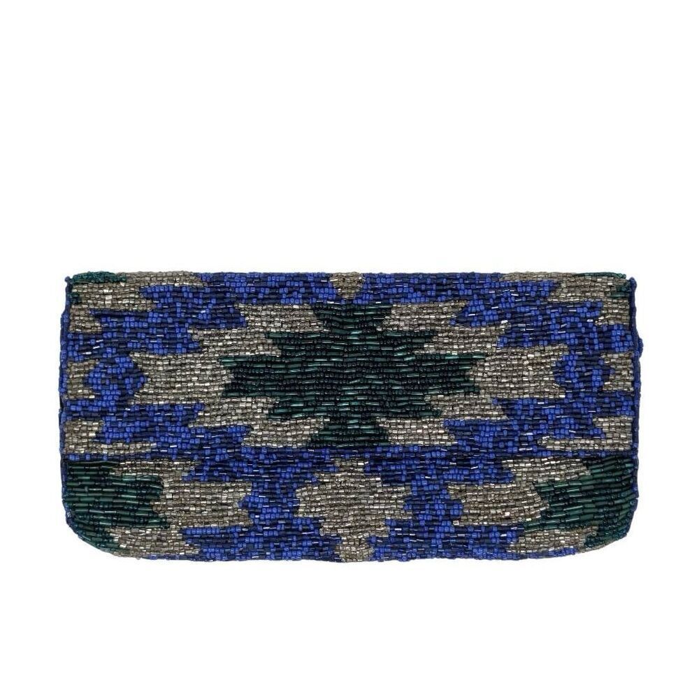 Western Blue Beaded Clutch Purse Native American Satin Crossbody Handbag VTG